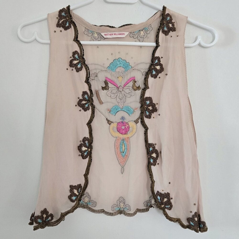 Matthew Williamson Vintage Designer Pink Shurg Vest Beaded Top‎ Small b76